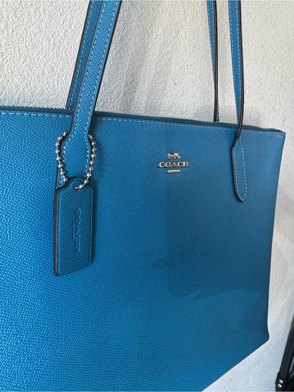 Coach Teal Blue Leather Tote with Logo Plaque